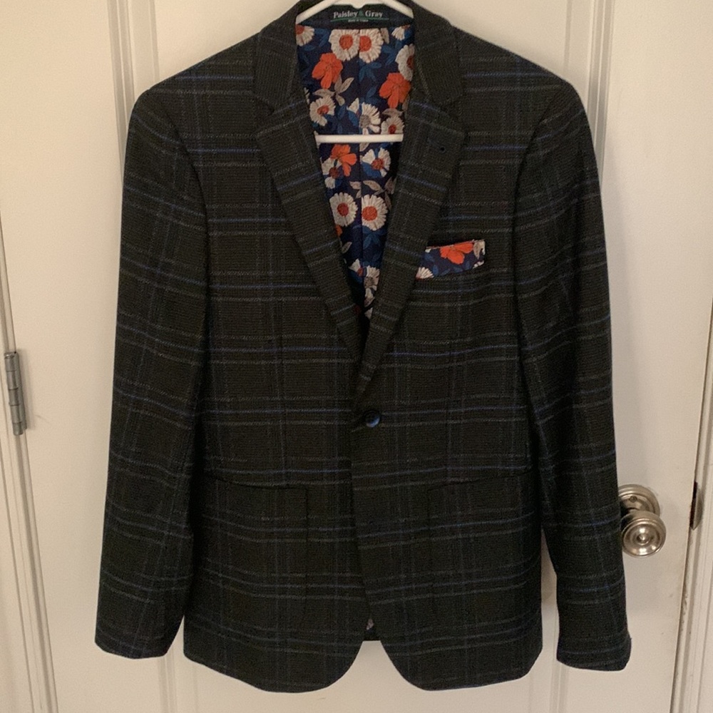 Paisley & Gray Men’s 36R Slim Fit (small) Dark Gray, Black and Blue Plaid Blazer